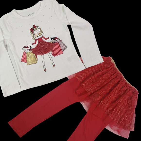 Girl's Sequin Graphic T-Shirt‎ & legging Two Piece Set Size 5  Red white New - Picture 11 of 16